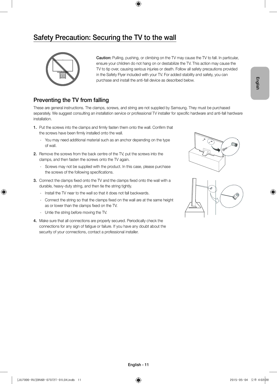 Samsung UE55JU7000UXRU, UE48JU7000UXMS manual Safety Precaution Securing the TV to the wall, Preventing the TV from falling 