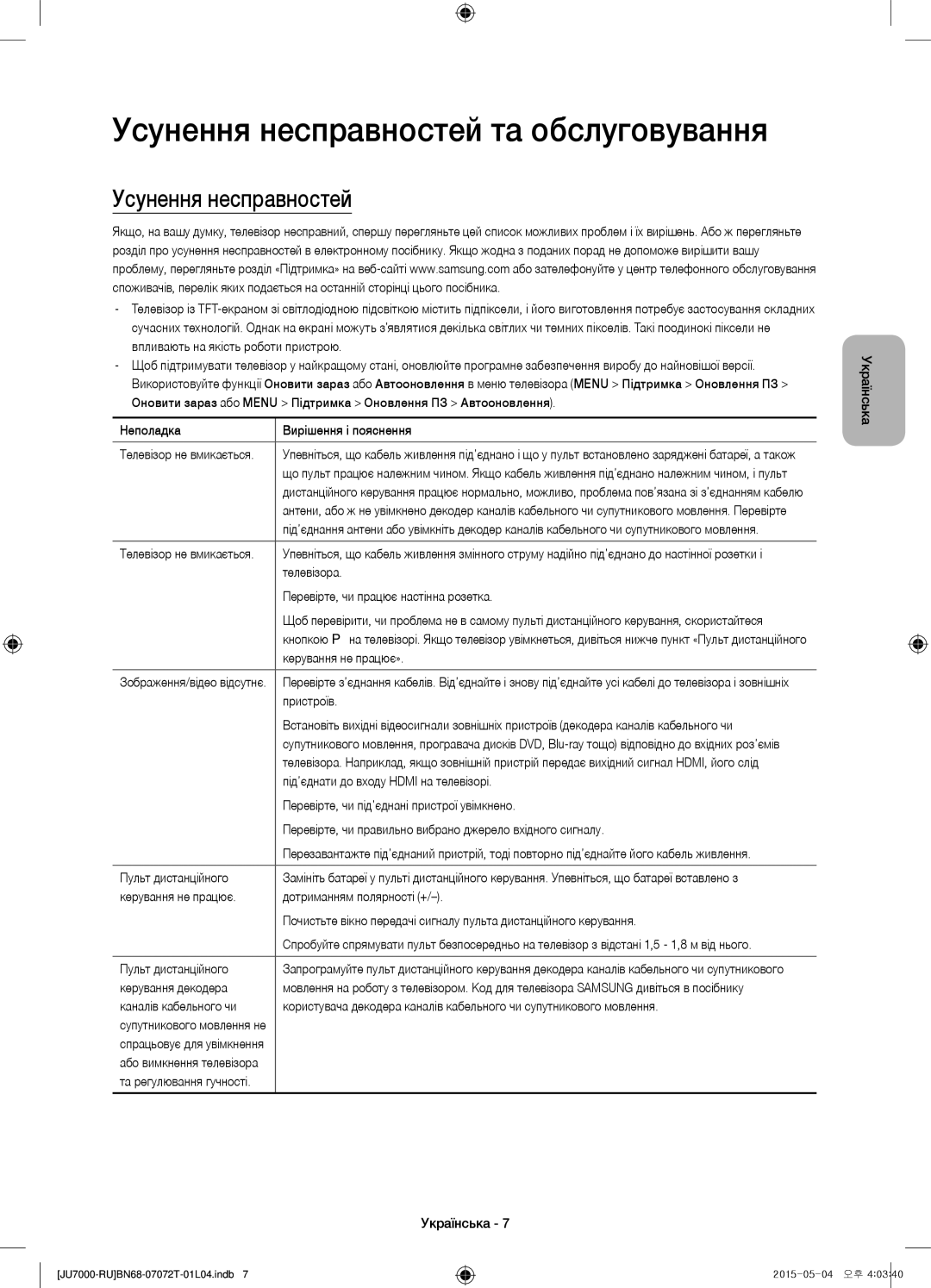 Samsung UE75JU7000UXRU, UE48JU7000UXMS, UE48JU7000UXRU, UE85JU7000UXRU manual Усунення несправностей та обслуговування 