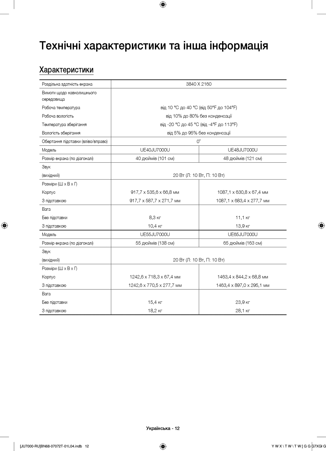 Samsung UE48JU7000UXMS, UE48JU7000UXRU, UE75JU7000UXRU manual Технічні характеристики та інша інформація, Характеристики 