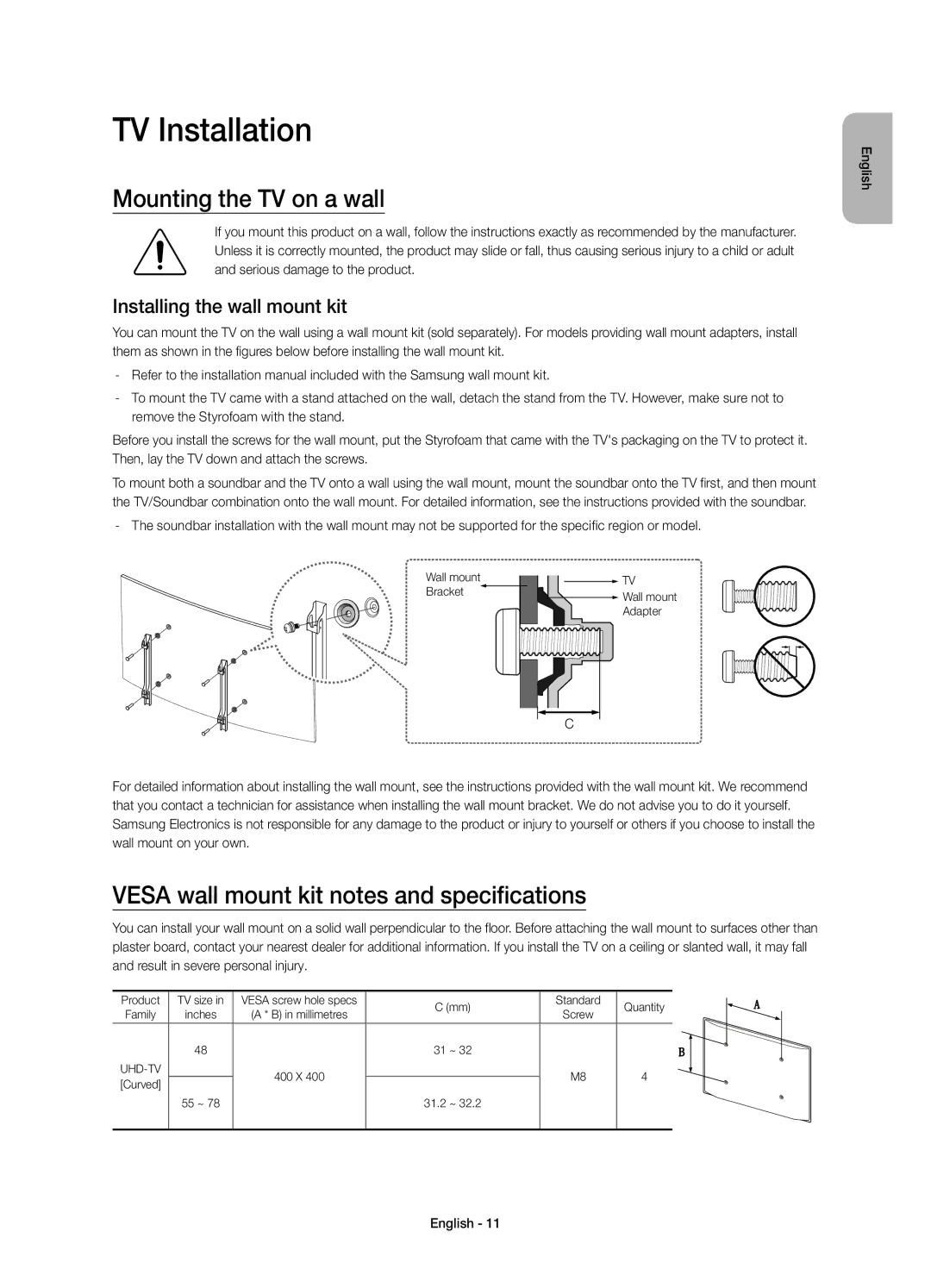 Samsung UE65JU7500TXXC manual TV Installation, Mounting the TV on a wall, Vesa wall mount kit notes and specifications 