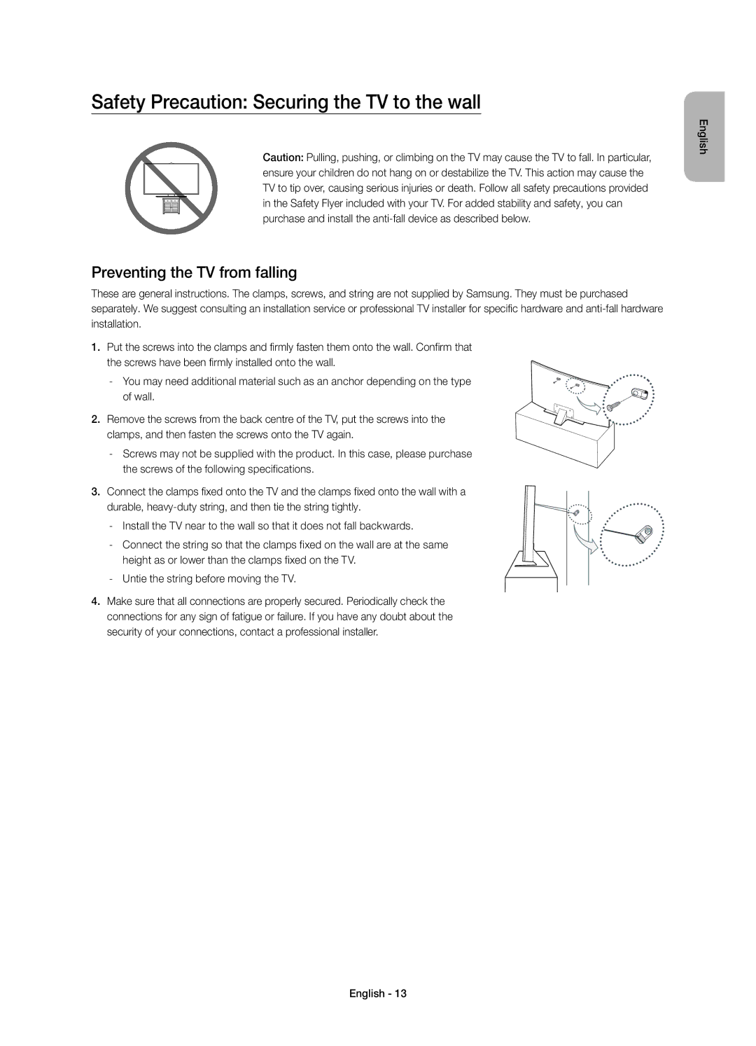 Samsung UE78JU7500TXXC, UE48JU7500LXXH manual Safety Precaution Securing the TV to the wall, Preventing the TV from falling 