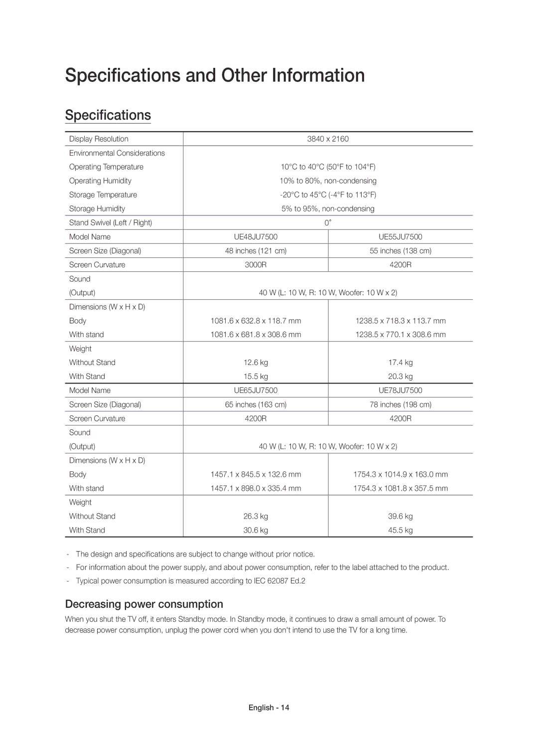 Samsung UE78JU7500LXXH, UE48JU7500LXXH, UE65JU7500LXXH Specifications and Other Information, Decreasing power consumption 