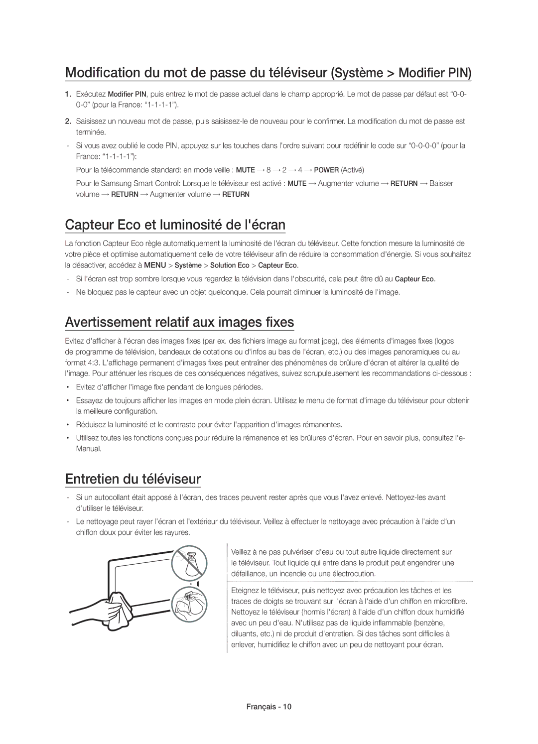 Samsung UE65JU7500LXXH, UE48JU7500LXXH manual Capteur Eco et luminosité de lécran, Avertissement relatif aux images fixes 