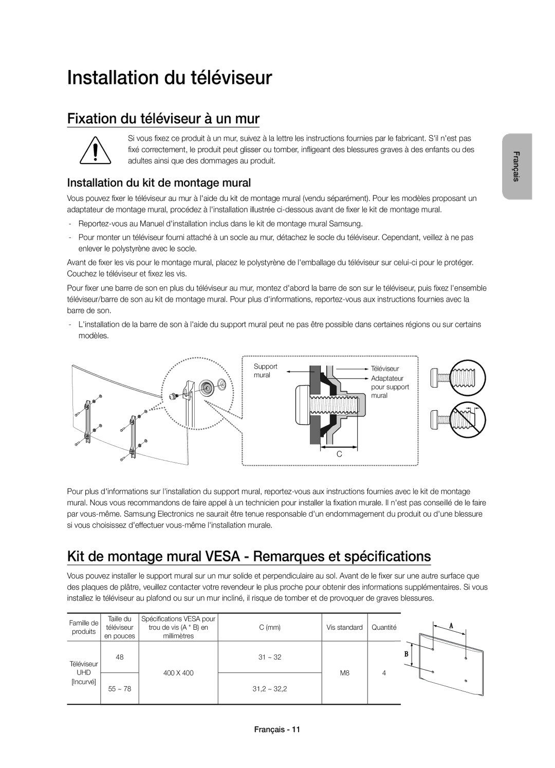 Samsung UE48JU7500TXXC Installation du téléviseur, Fixation du téléviseur à un mur, Installation du kit de montage mural 