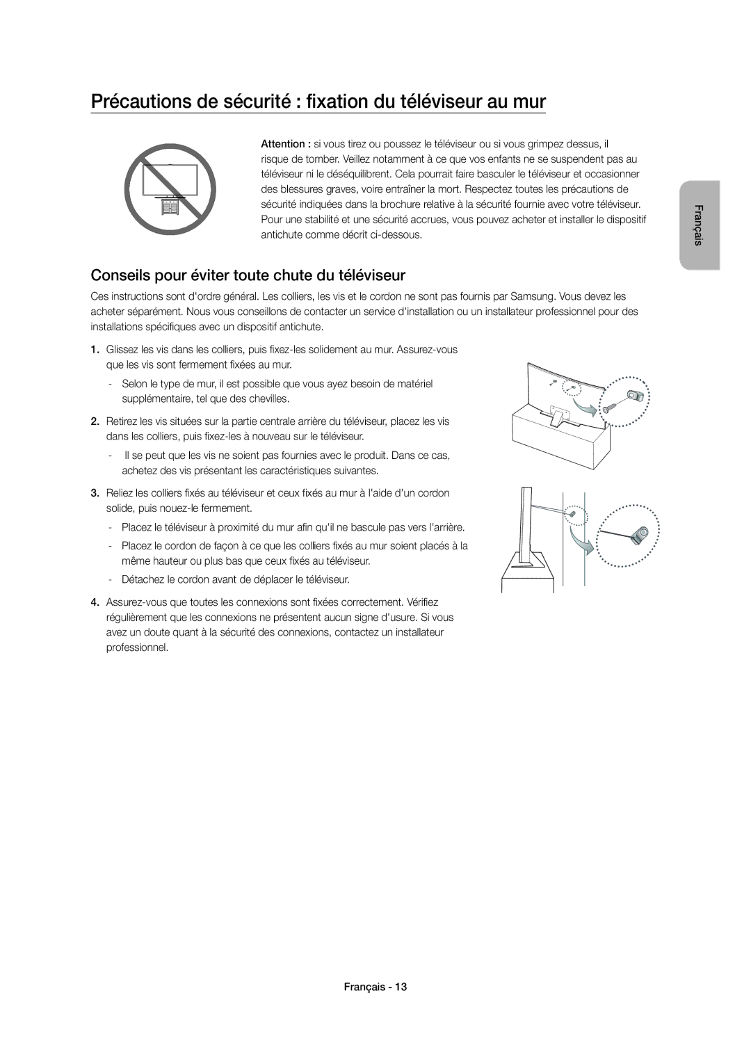 Samsung UE78JU7500TXZF, UE48JU7500LXXH, UE65JU7500LXXH, UE48JU7500TXXC Précautions de sécurité fixation du téléviseur au mur 