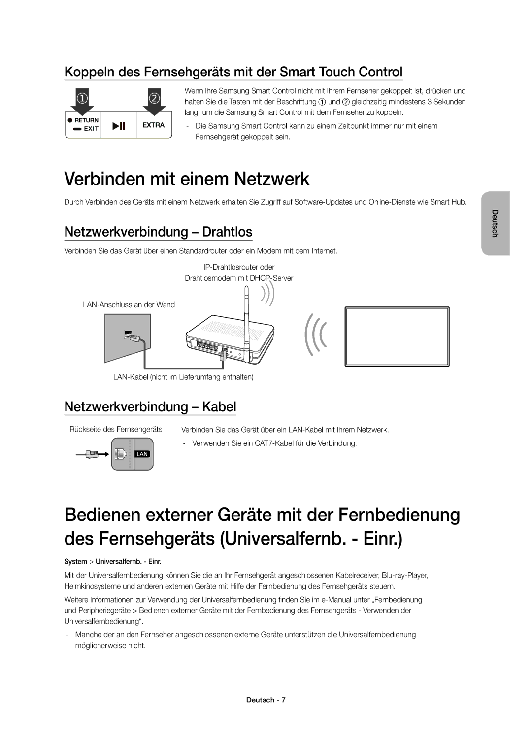 Samsung UE55JU7500TXXC, UE48JU7500LXXH Verbinden mit einem Netzwerk, Koppeln des Fernsehgeräts mit der Smart Touch Control 