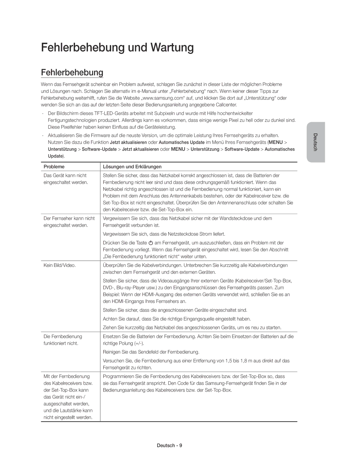 Samsung UE78JU7500LXXH, UE48JU7500LXXH, UE65JU7500LXXH, UE48JU7500TXXC, UE55JU7500LXXH manual Fehlerbehebung und Wartung 