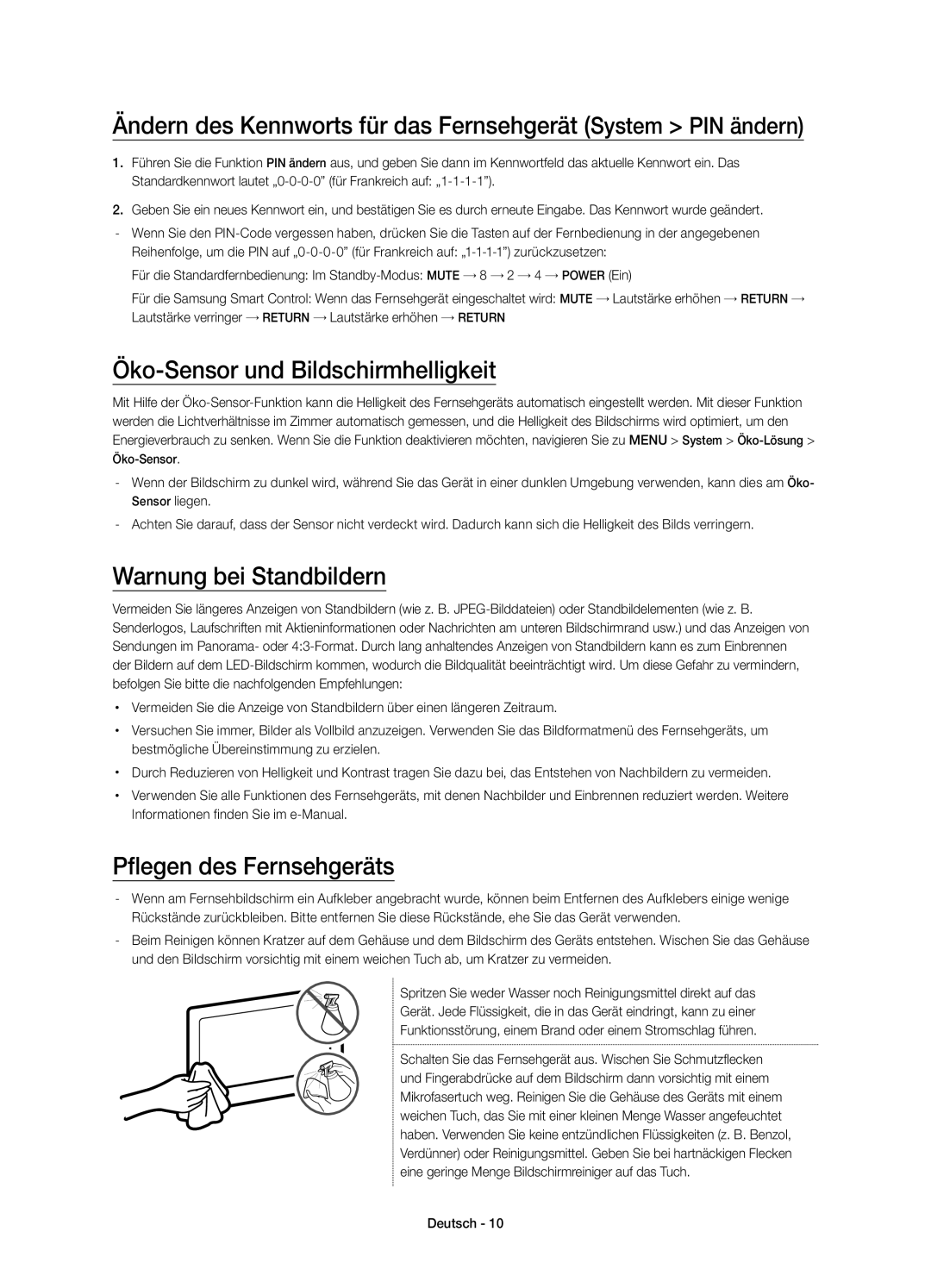 Samsung UE48JU7500TXXU Ändern des Kennworts für das Fernsehgerät System PIN ändern, Öko-Sensor und Bildschirmhelligkeit 