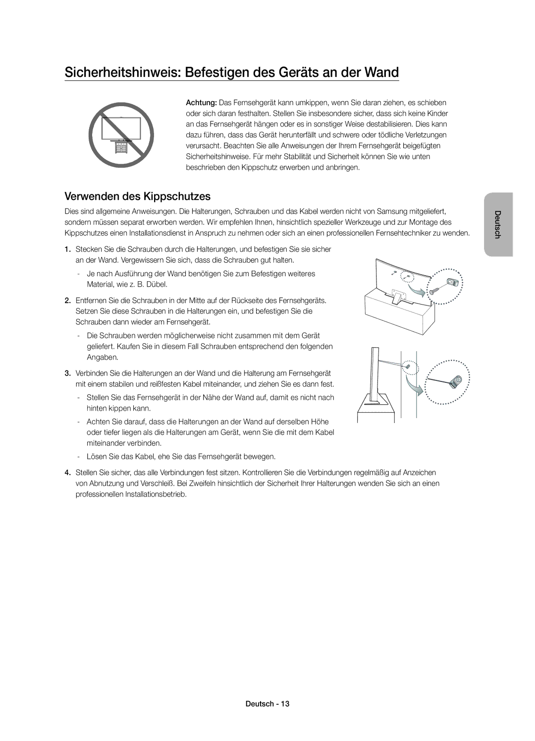 Samsung UE65JU7500TXXU, UE48JU7500LXXH Sicherheitshinweis Befestigen des Geräts an der Wand, Verwenden des Kippschutzes 