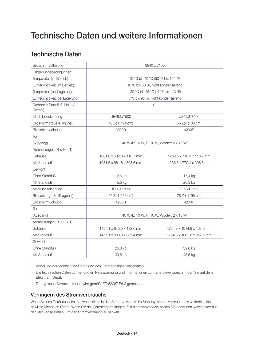 Samsung UE78JU7500LXXN, UE48JU7500LXXH manual Technische Daten und weitere Informationen, Verringern des Stromverbrauchs 