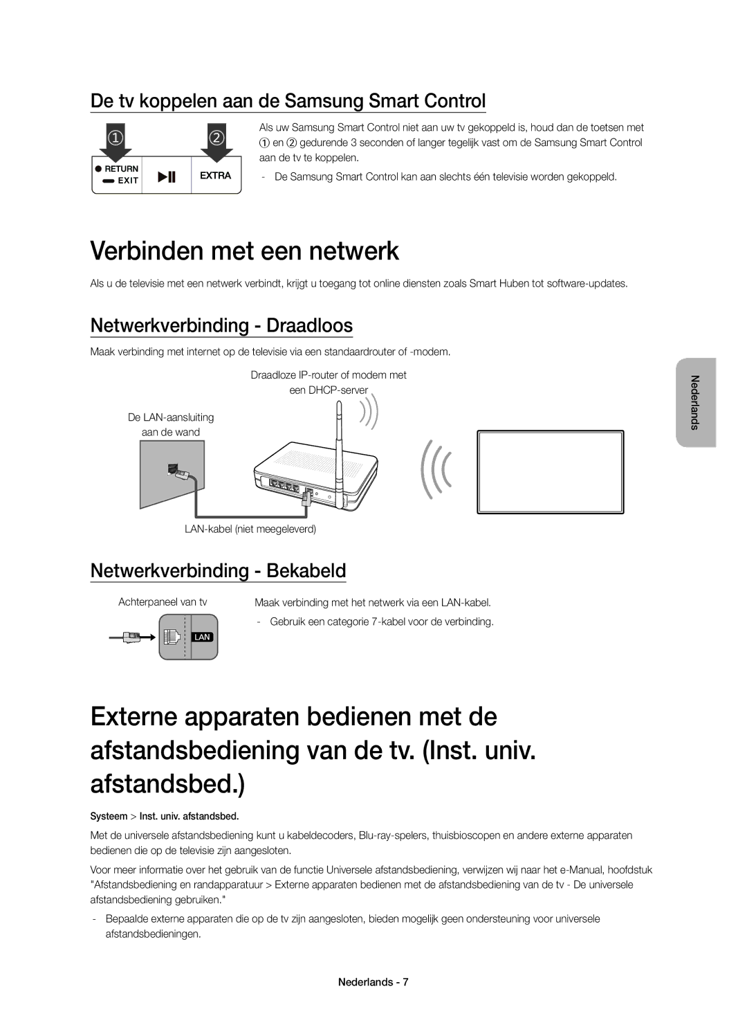 Samsung UE55JU7500LXXH Verbinden met een netwerk, De tv koppelen aan de Samsung Smart Control, Netwerkverbinding Draadloos 