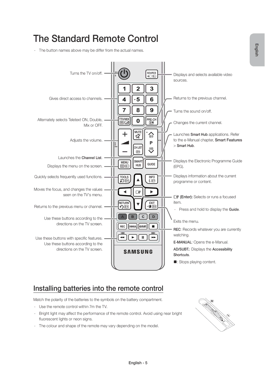 Samsung UE55JU7500TXZF, UE48JU7500LXXH manual Standard Remote Control, Installing batteries into the remote control 