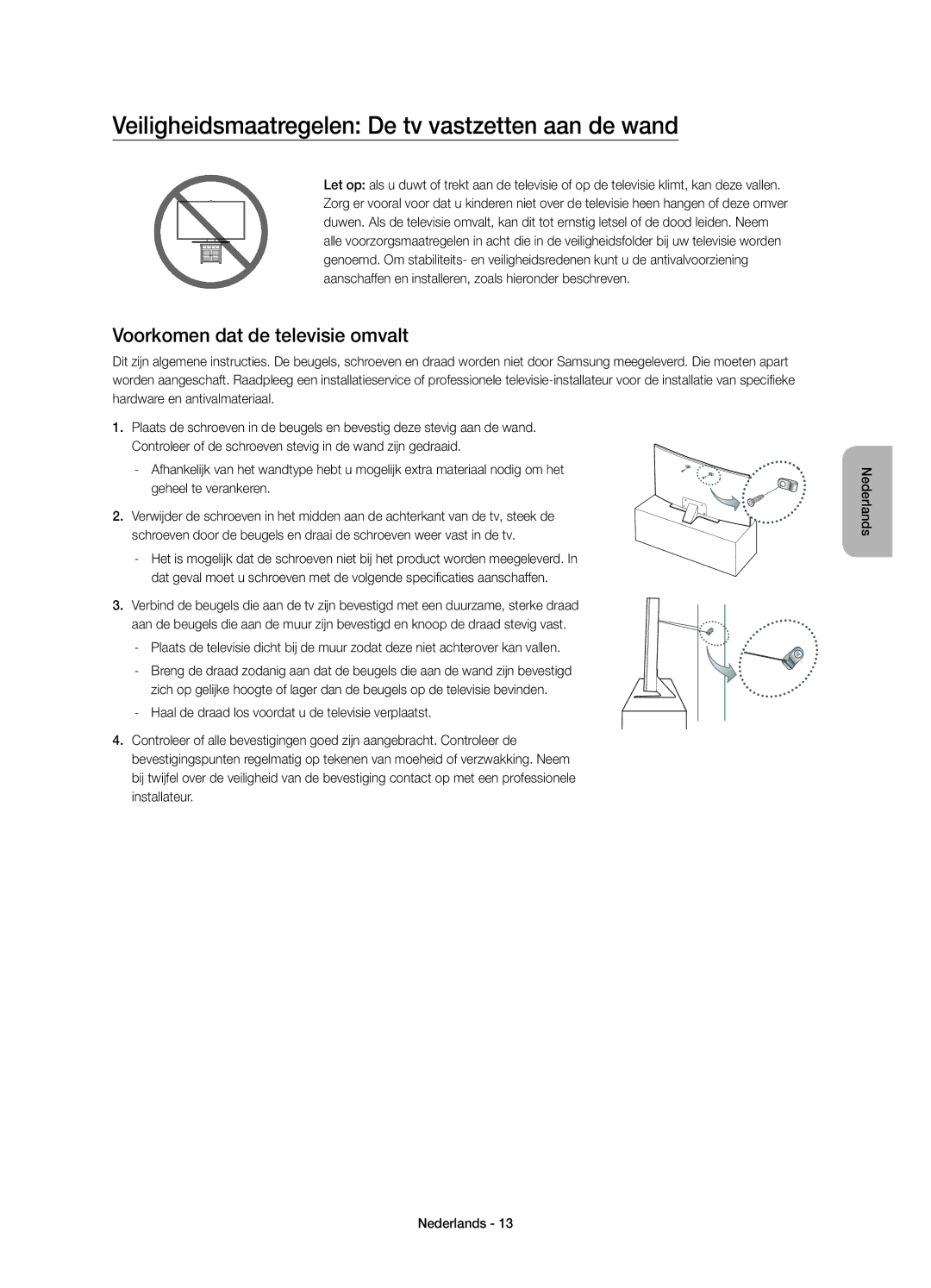 Samsung UE55JU7500TXZT manual Veiligheidsmaatregelen De tv vastzetten aan de wand, Voorkomen dat de televisie omvalt 