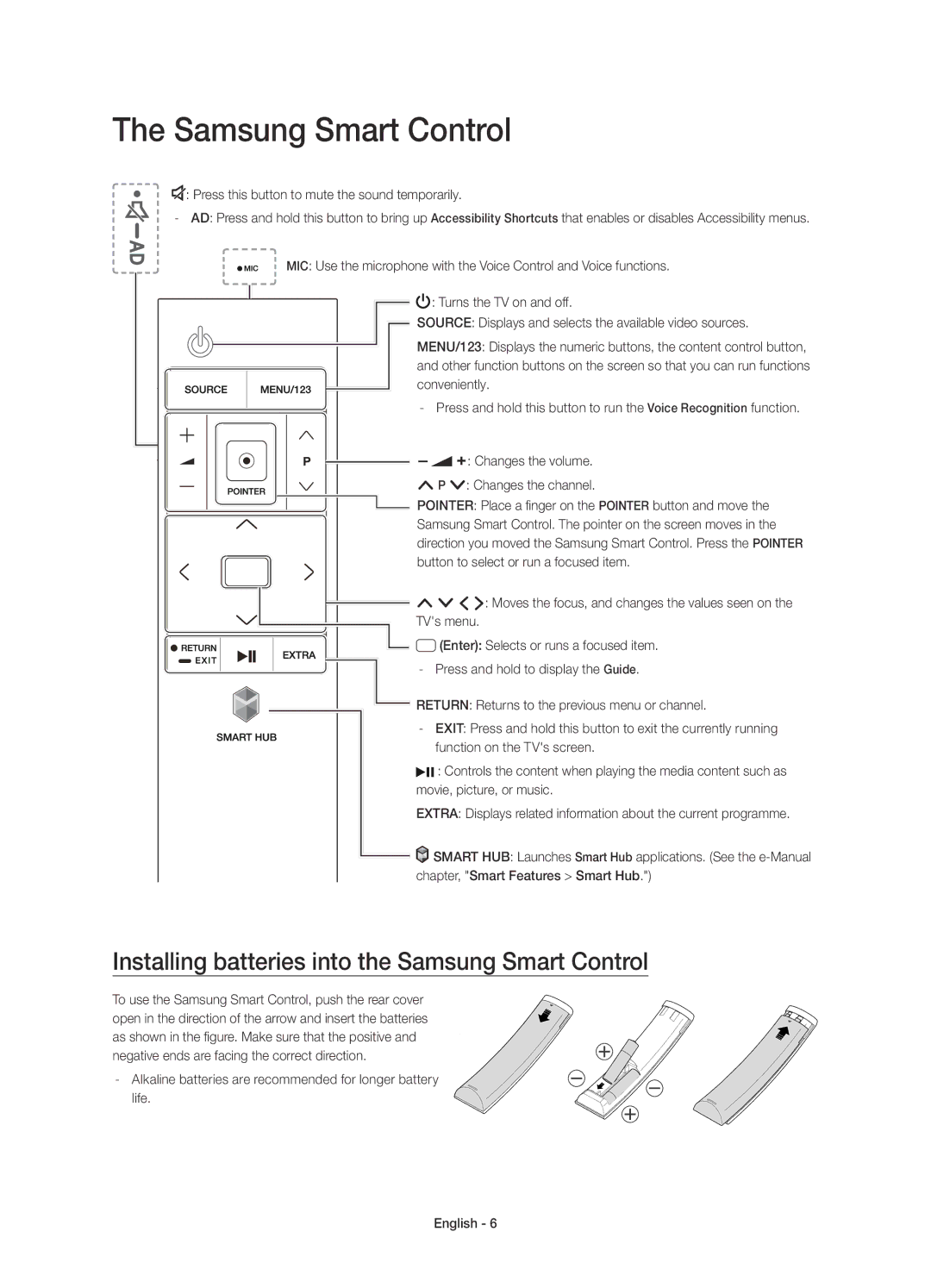 Samsung UE48JU7500TXZF, UE48JU7500LXXH, UE65JU7500LXXH manual Installing batteries into the Samsung Smart Control 