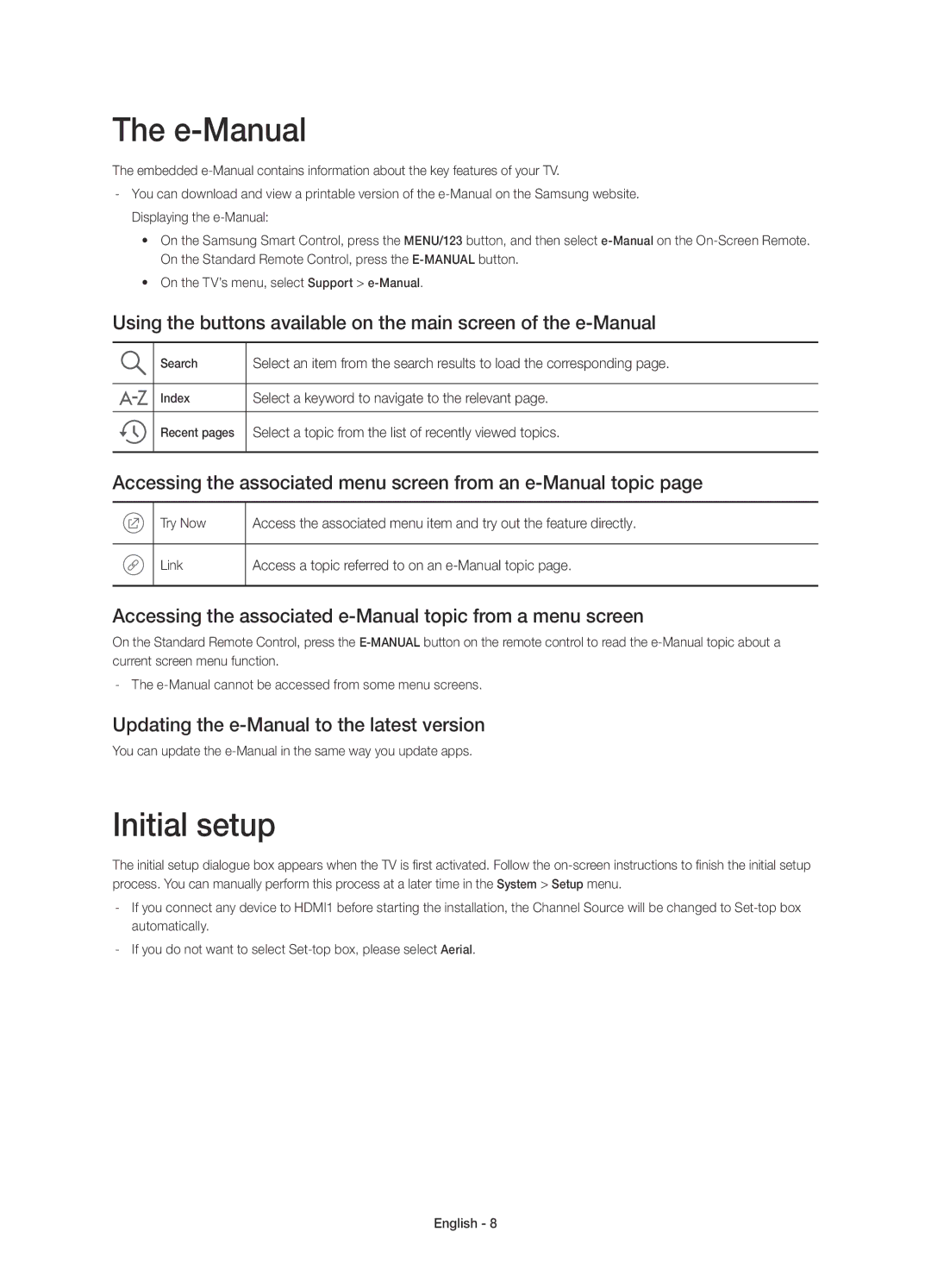 Samsung UE65JU7500TXZT manual E-Manual, Initial setup, Accessing the associated menu screen from an e-Manual topic 