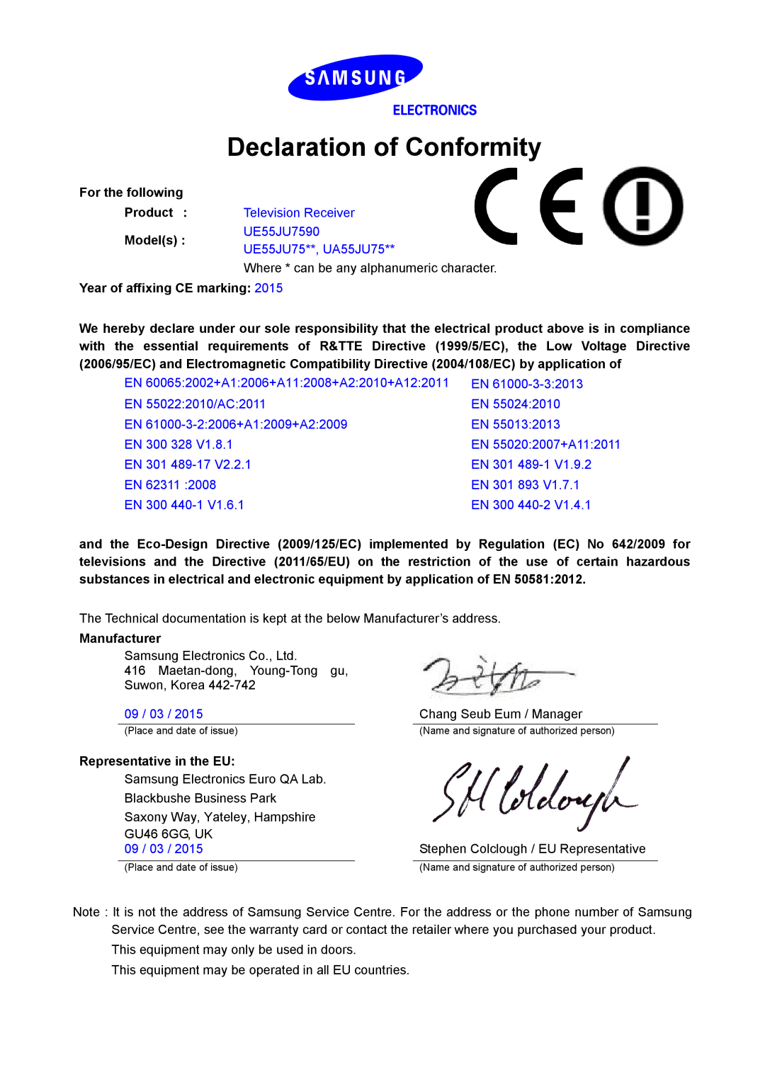 Samsung UE65JU7590TXZG manual Declaration of Conformity, Television Receiver, UE55JU7590, UE55JU75**, UA55JU75 