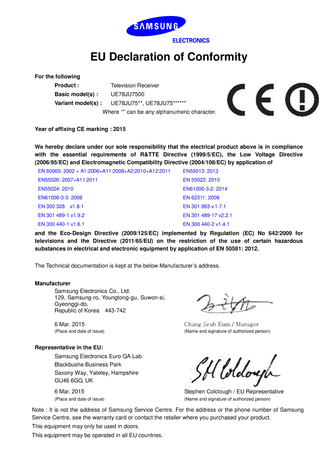 Samsung UE65JU7590TXZG, UE48JU7500LXXH manual EU Declaration of Conformity, Manufacturer, Representative in the EU 