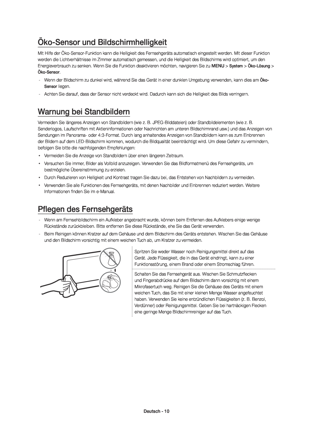 Samsung UE65JU7500TXZT manual Öko-Sensor und Bildschirmhelligkeit, Warnung bei Standbildern, Pflegen des Fernsehgeräts 