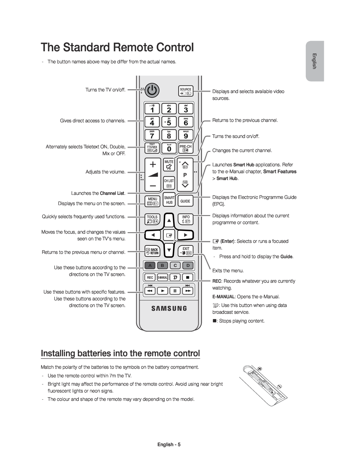 Samsung UE55JU7500TXZT, UE48JU7500TXXC manual The Standard Remote Control, Installing batteries into the remote control 