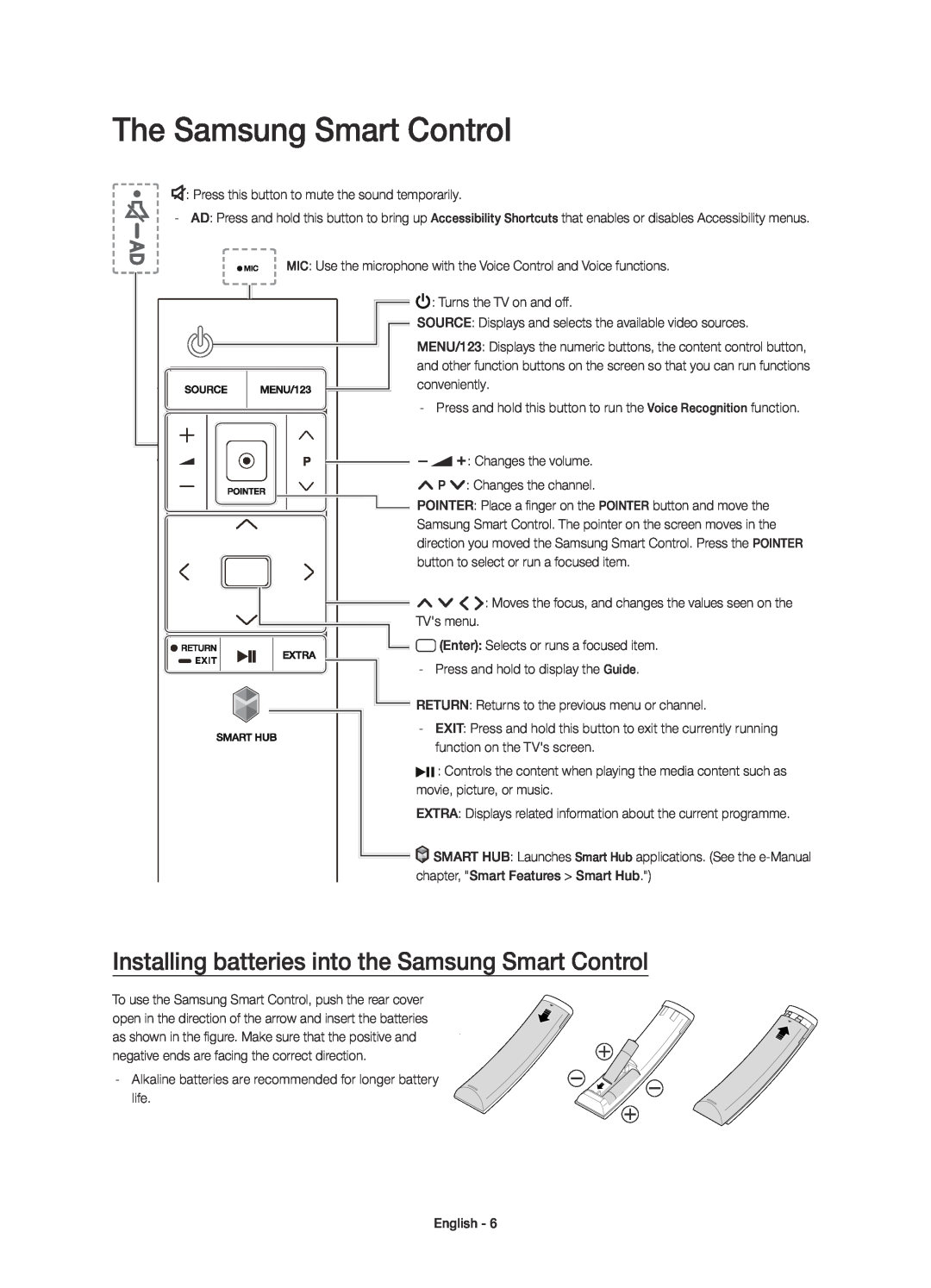 Samsung UE48JU7500TXZT, UE48JU7500TXXC manual The Samsung Smart Control, Installing batteries into the Samsung Smart Control 