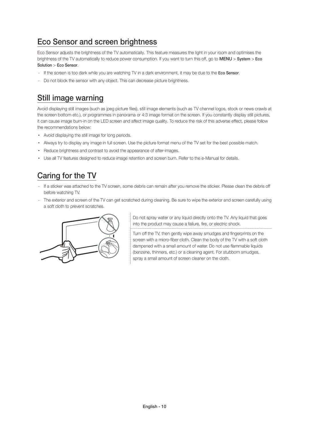 Samsung UE78JU7500TXXC, UE48JU7500TXXC manual Eco Sensor and screen brightness, Still image warning, Caring for the TV 