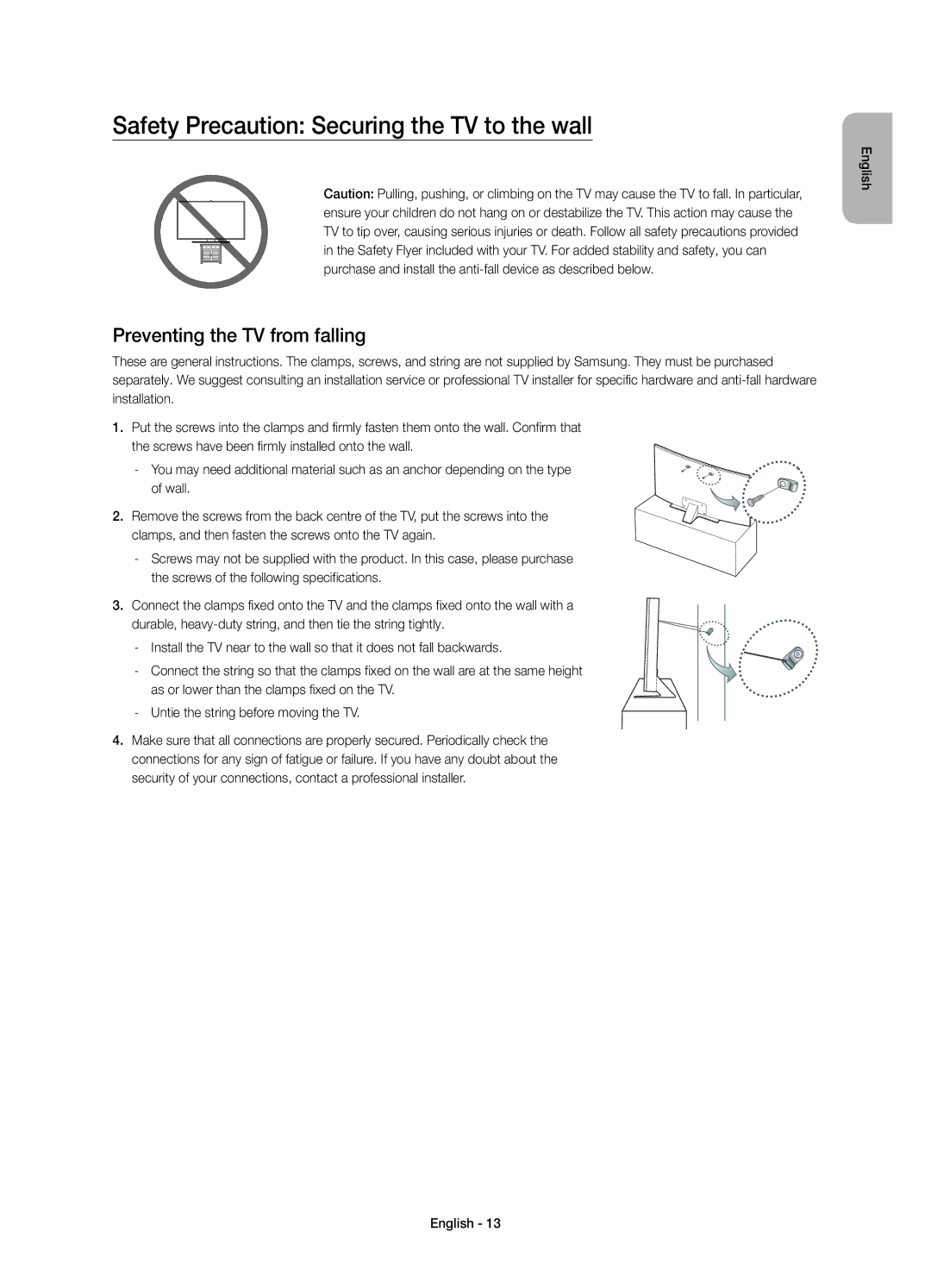 Samsung UE65JU7500TXXU, UE48JU7500TXXC manual Safety Precaution Securing the TV to the wall, Preventing the TV from falling 