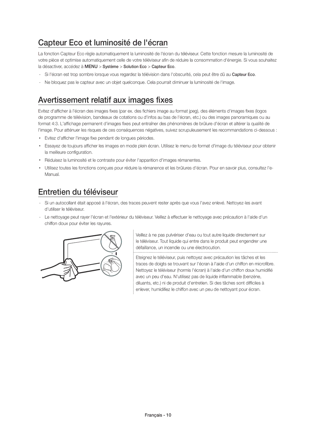 Samsung UE55JU7500TXXC, UE48JU7500TXXC manual Capteur Eco et luminosité de lécran, Avertissement relatif aux images fixes 