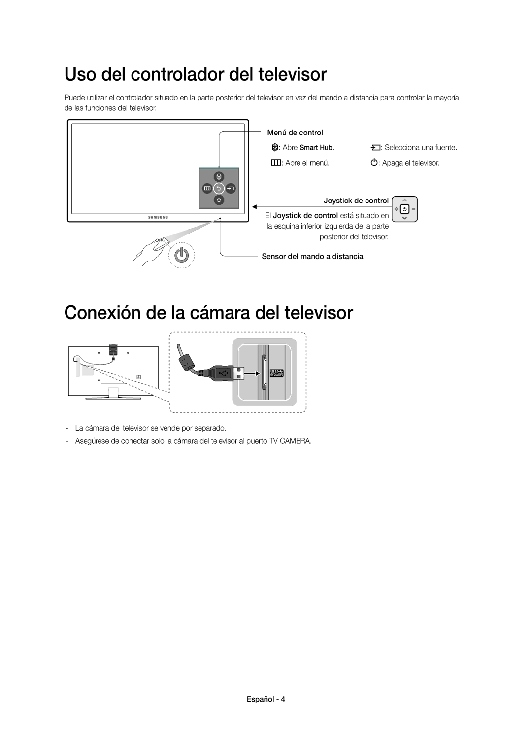 Samsung UE55JU7500TXZF manual Uso del controlador del televisor, Conexión de la cámara del televisor, Apaga el televisor 