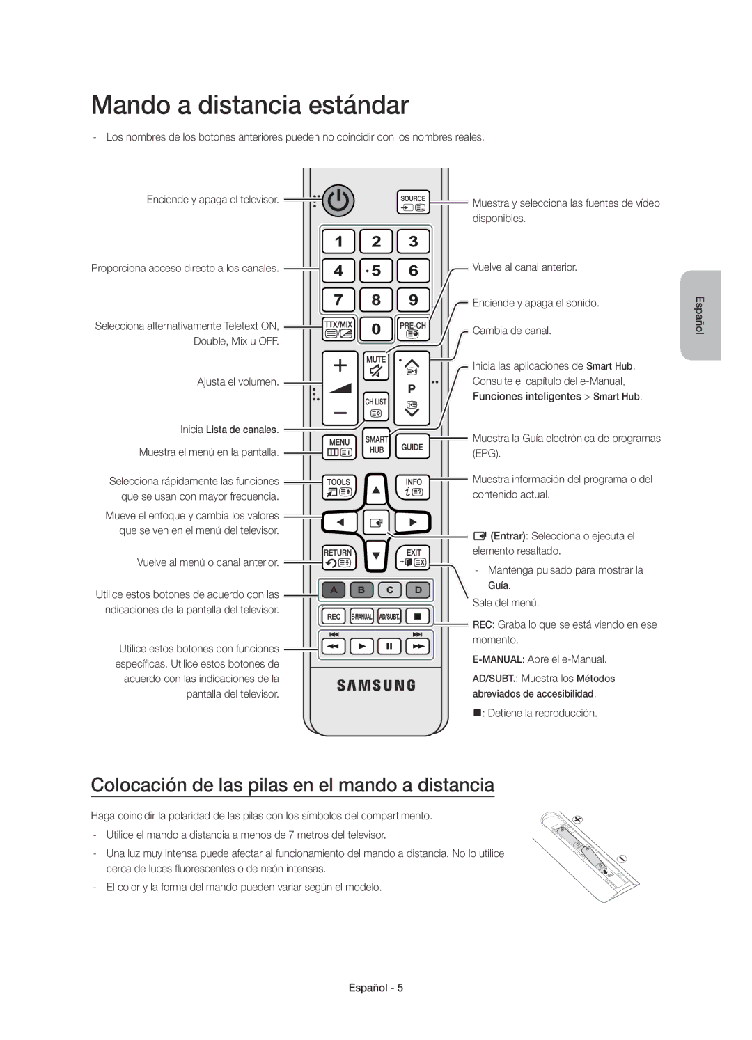 Samsung UE48JU7500TXZF, UE48JU7500TXXC manual Mando a distancia estándar, Colocación de las pilas en el mando a distancia 