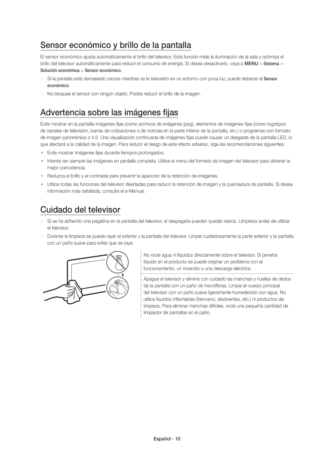 Samsung UE65JU7500TXXC, UE48JU7500TXXC manual Sensor económico y brillo de la pantalla, Advertencia sobre las imágenes fijas 