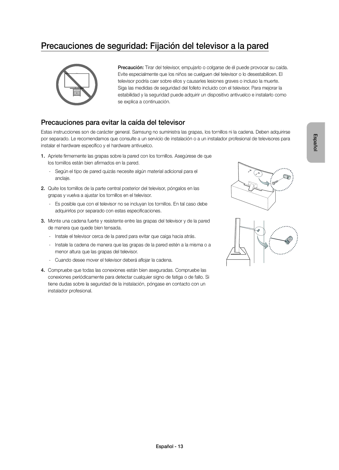 Samsung UE48JU7500TXXU, UE48JU7500TXXC, UE78JU7500TXZF manual Precauciones de seguridad Fijación del televisor a la pared 