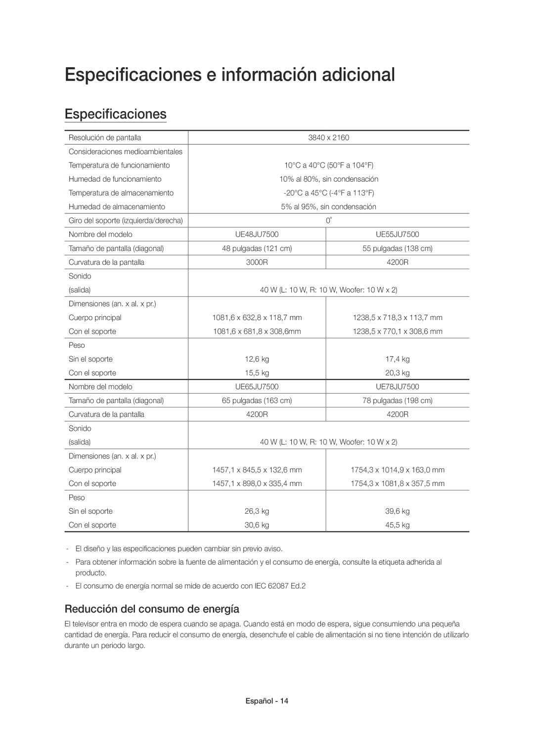 Samsung UE55JU7500TXXU, UE48JU7500TXXC manual Especificaciones e información adicional, Reducción del consumo de energía 