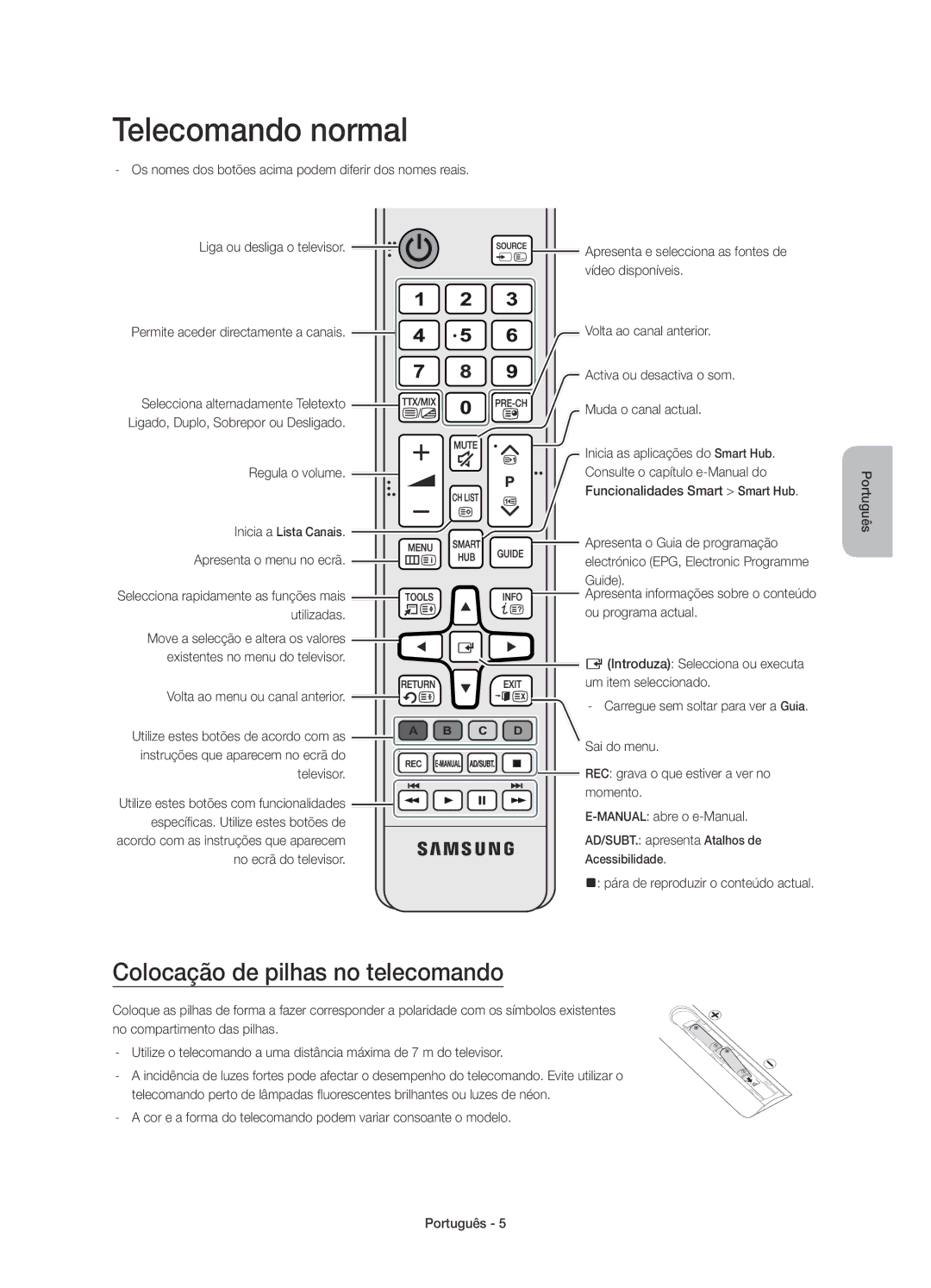 Samsung UE55JU7500TXZF, UE48JU7500TXXC, UE78JU7500TXZF manual Telecomando normal, Colocação de pilhas no telecomando 