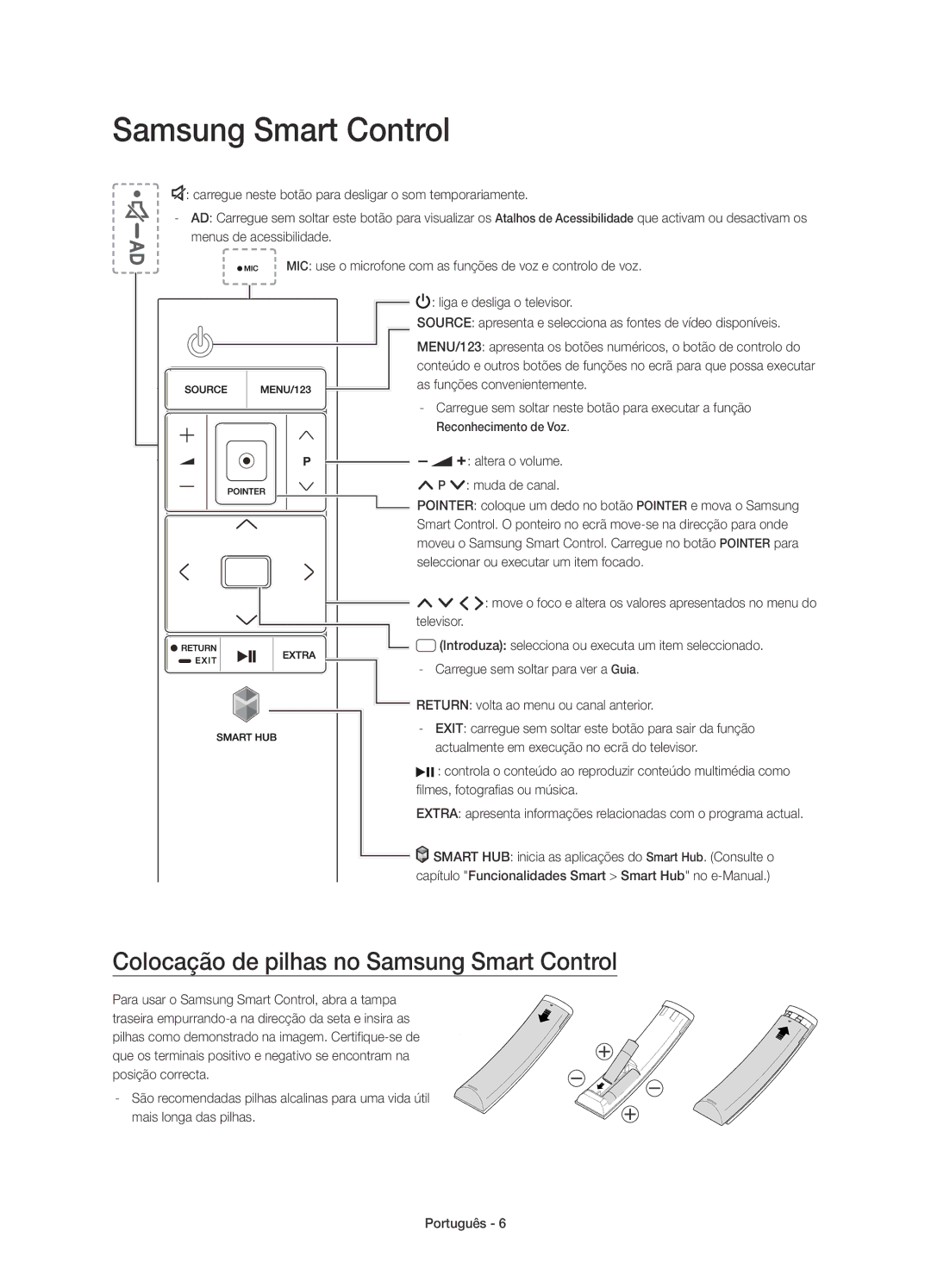 Samsung UE48JU7500TXZF, UE48JU7500TXXC manual Colocação de pilhas no Samsung Smart Control, Altera o volume Muda de canal 