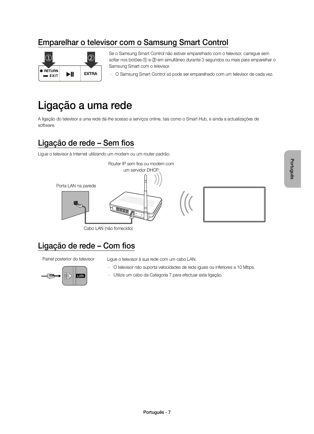 Samsung UE65JU7500TXZF Ligação a uma rede, Emparelhar o televisor com o Samsung Smart Control, Ligação de rede Sem fios 