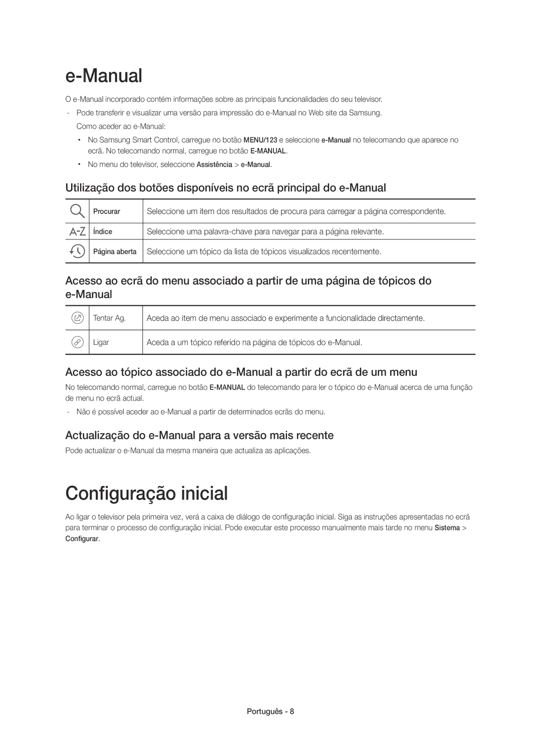 Samsung UE65JU7500TXZT, UE48JU7500TXXC manual Configuração inicial, Actualização do e-Manual para a versão mais recente 