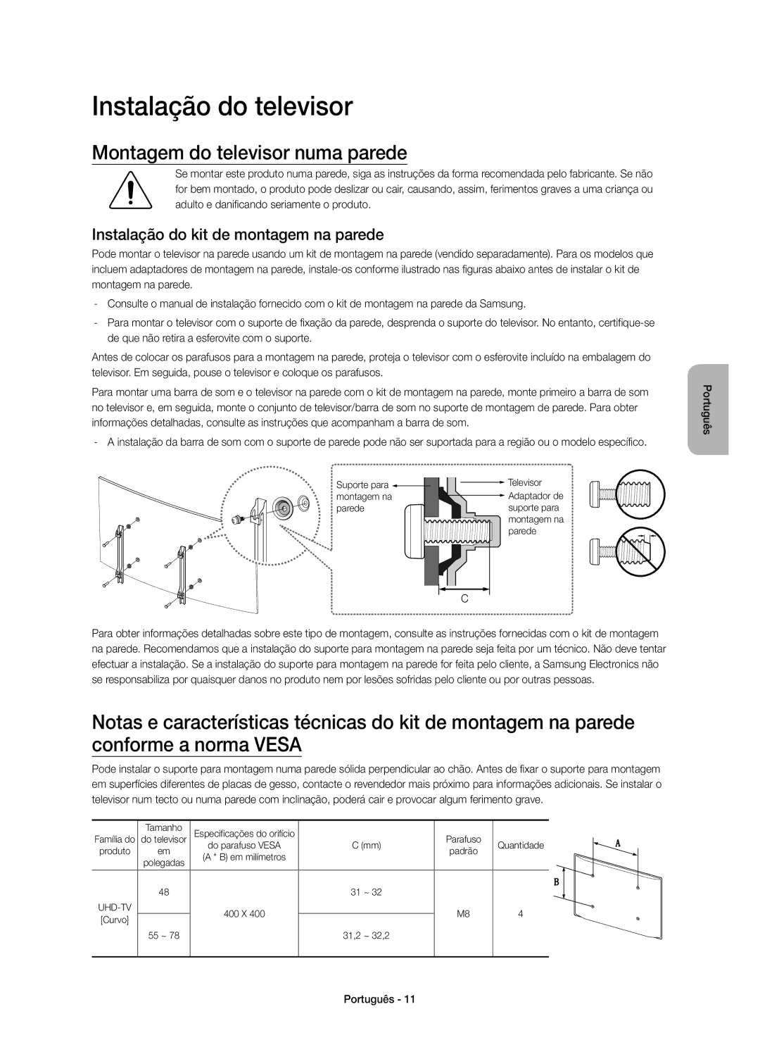 Samsung UE65JU7500TXXC Instalação do televisor, Montagem do televisor numa parede, Instalação do kit de montagem na parede 