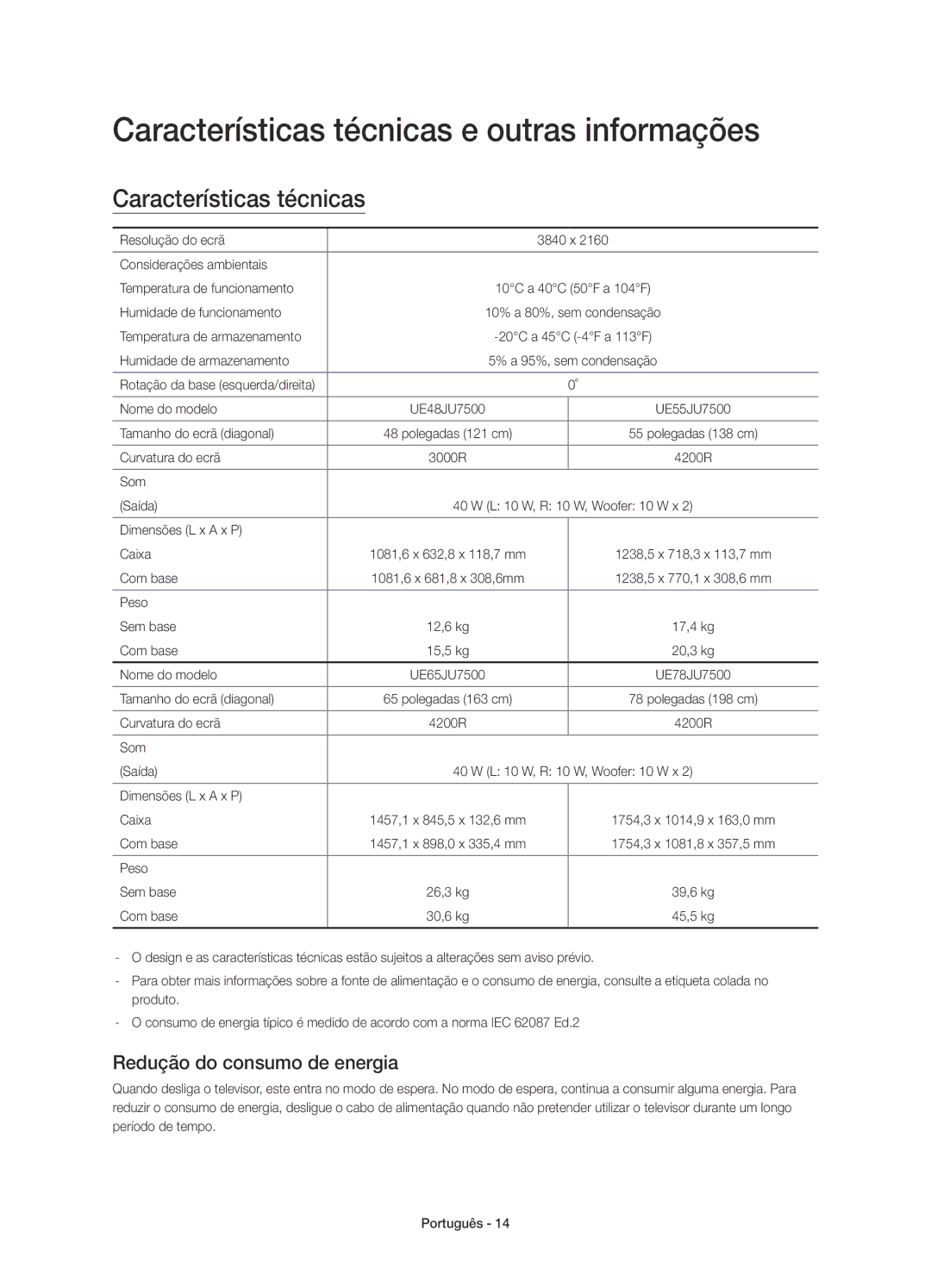 Samsung UE48JU7500TXXU, UE48JU7500TXXC manual Características técnicas e outras informações, Redução do consumo de energia 