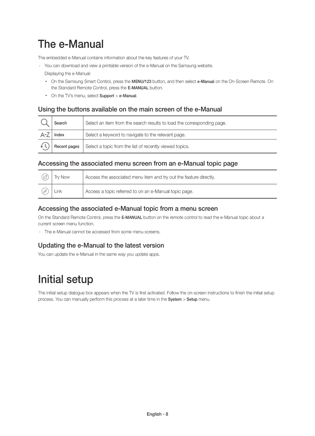 Samsung UE65JU7500TXXC manual E-Manual, Initial setup, Accessing the associated menu screen from an e-Manual topic 