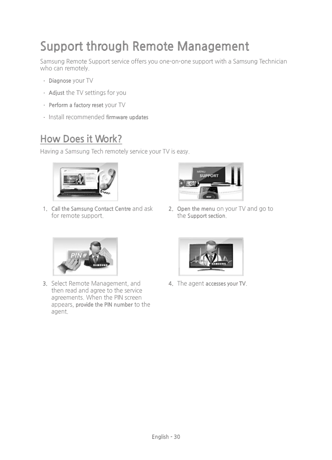 Samsung UE48JU7500TXXC, UE78JU7500TXZF, UE55JU7500TXZF, UE48JU7500TXZF Support through Remote Management, How Does it Work? 