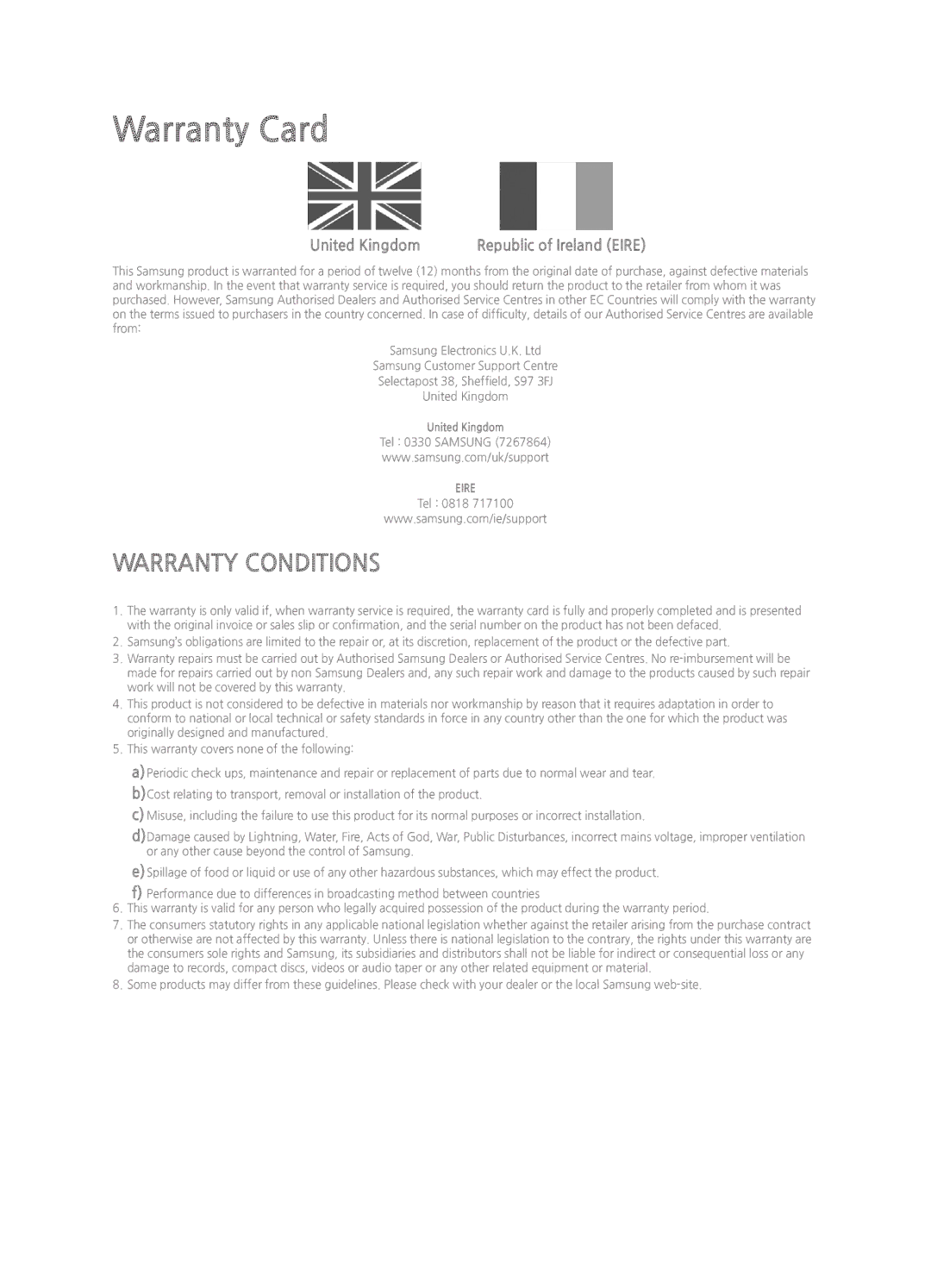 Samsung UE65JU7500TXZT, UE48JU7500TXXC, UE78JU7500TXZF, UE55JU7500TXZF, UE48JU7500TXZF manual Warranty Card, United Kingdom 