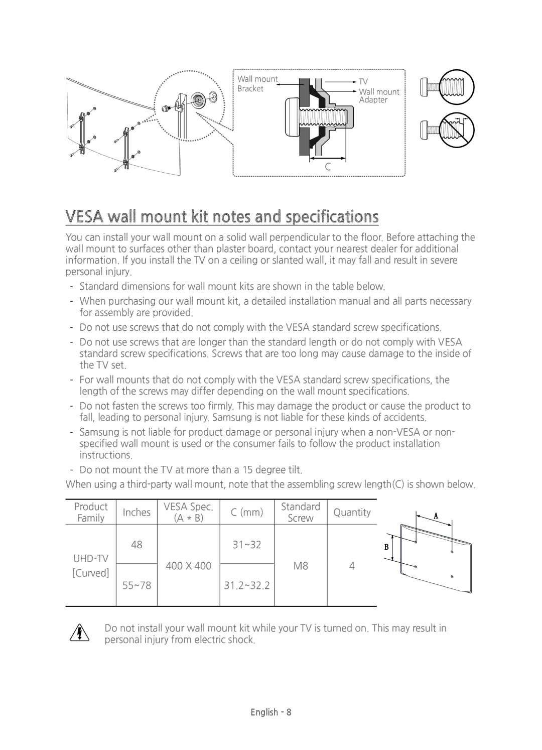 Samsung UE65JU7500TXXC, UE48JU7500TXXC, UE78JU7500TXZF, UE55JU7500TXZF Vesa wall mount kit notes and specifications, Uhd-Tv 