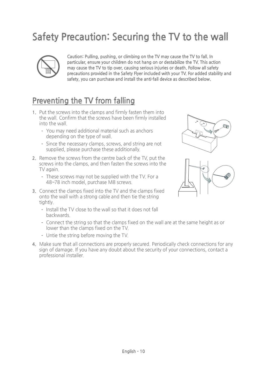 Samsung UE78JU7500TXXC, UE48JU7500TXXC manual Safety Precaution Securing the TV to the wall, Preventing the TV from falling 