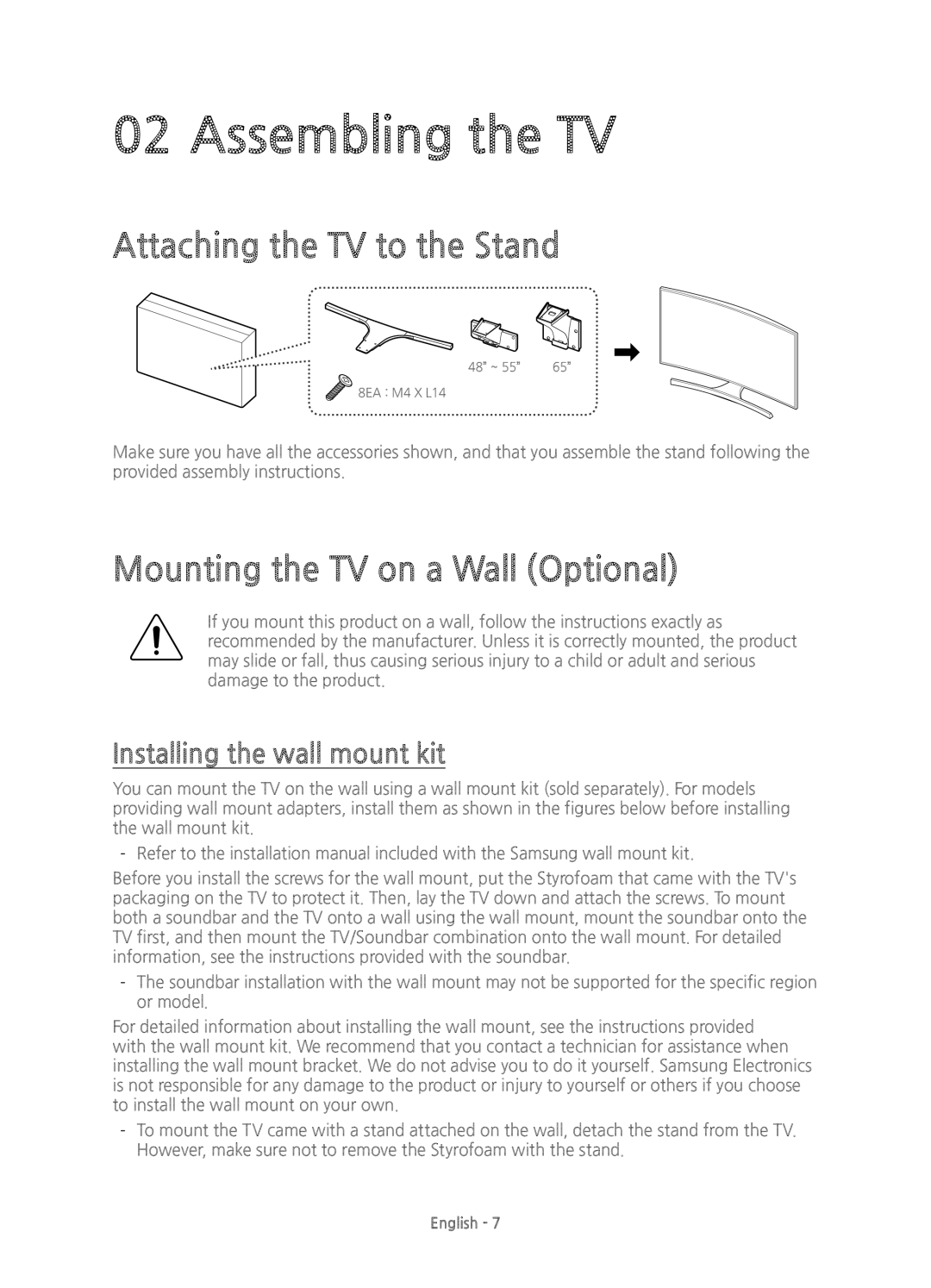 Samsung UE48JU7500TXZT manual Assembling the TV, Attaching the TV to the Stand, Mounting the TV on a Wall Optional 