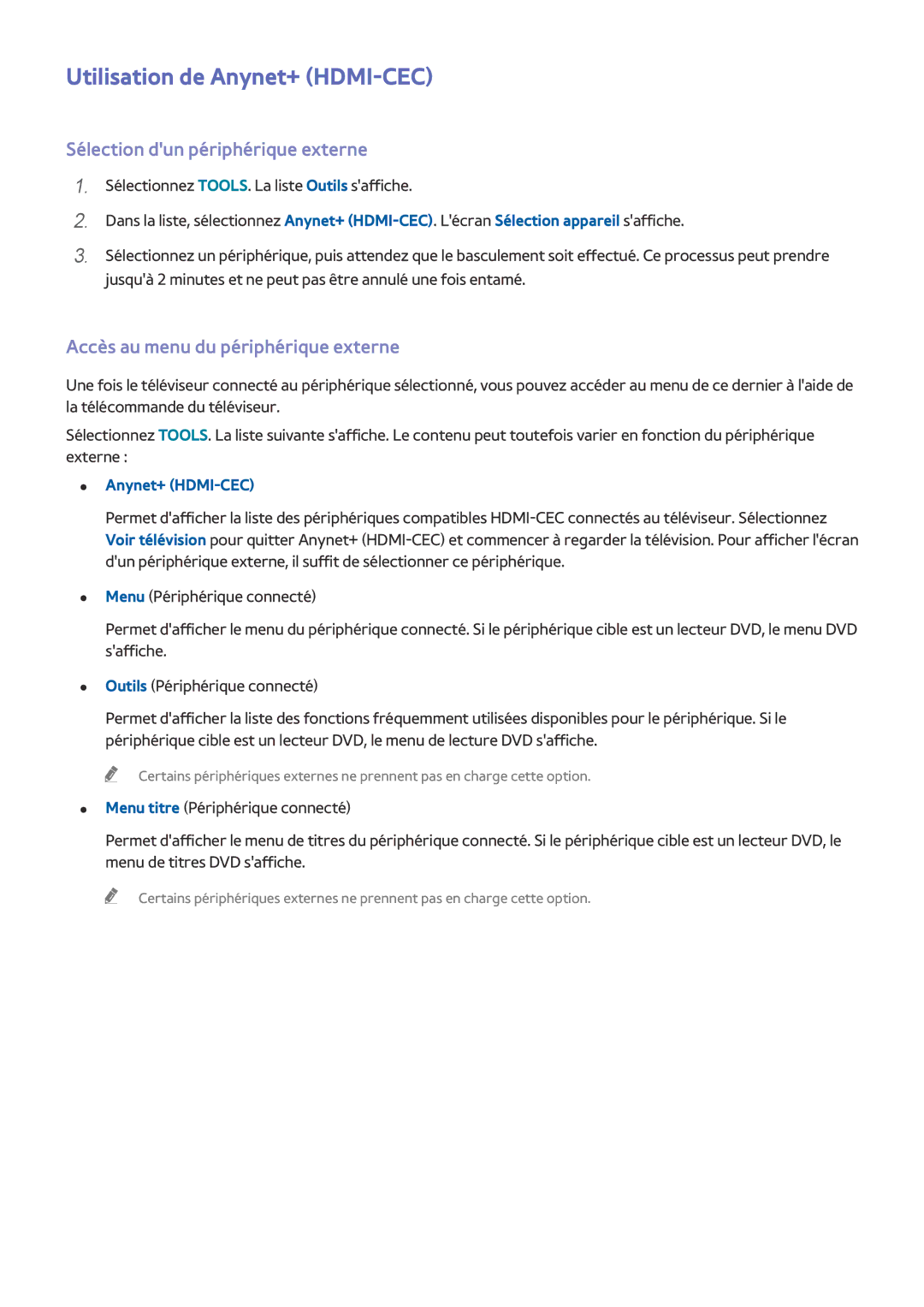 Samsung UE50J6100AWXZF, UE49J5200AWXZF, UE48J5200AWXZF Utilisation de Anynet+ HDMI-CEC, Sélection dun périphérique externe 
