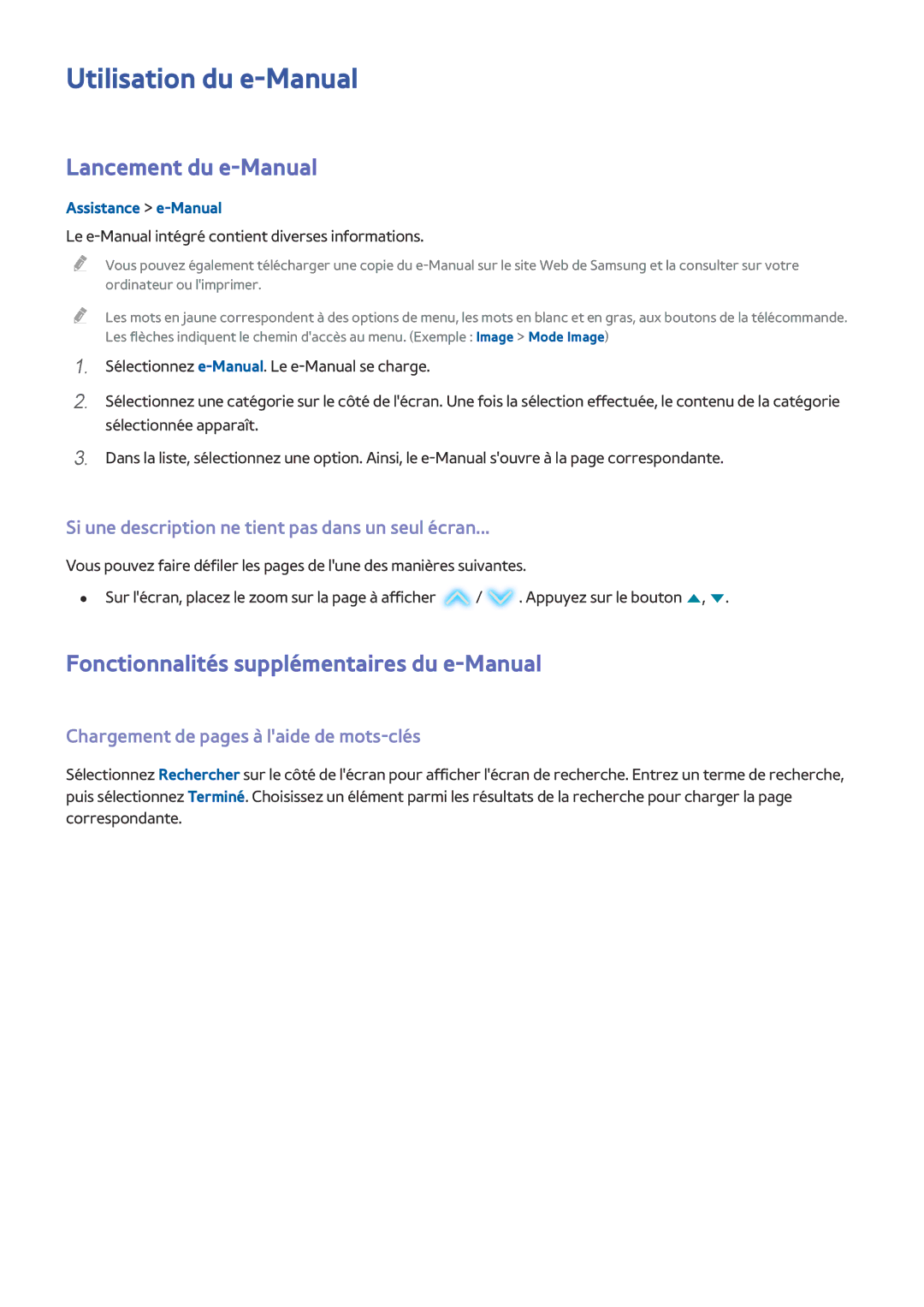 Samsung UE58J5200AWXZF manual Utilisation du e-Manual, Lancement du e-Manual, Fonctionnalités supplémentaires du e-Manual 