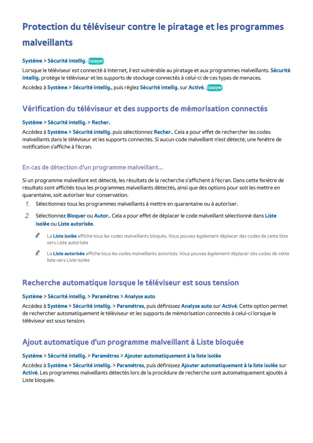 Samsung UE50J6100AWXZF Ajout automatique dun programme malveillant à Liste bloquée, Système Sécurité intellig. Essayer 