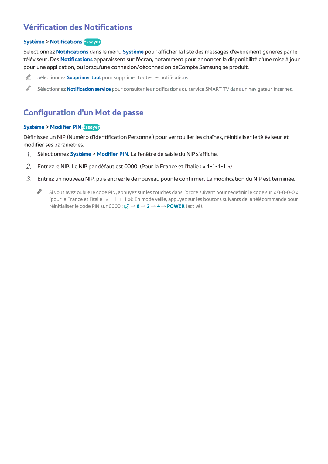 Samsung UE49J5200AWXZF manual Vérification des Notifications, Configuration dun Mot de passe, Système Notifications Essayer 