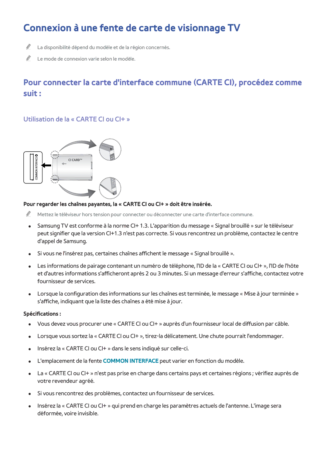 Samsung UE58J5200AWXZF manual Connexion à une fente de carte de visionnage TV, Utilisation de la « Carte CI ou CI+ » 