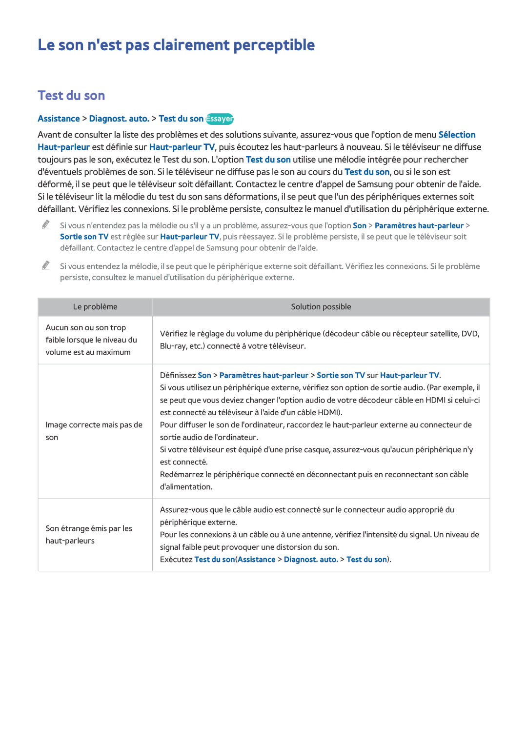 Samsung UE58J5200AWXZF manual Le son nest pas clairement perceptible, Assistance Diagnost. auto. Test du son Essayer 